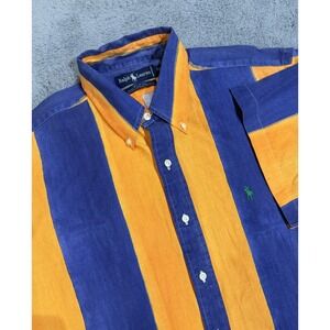 90s VTG Polo Ralph Lauren XL Blue/Yellow Wide Vertical Striped with Green Pony